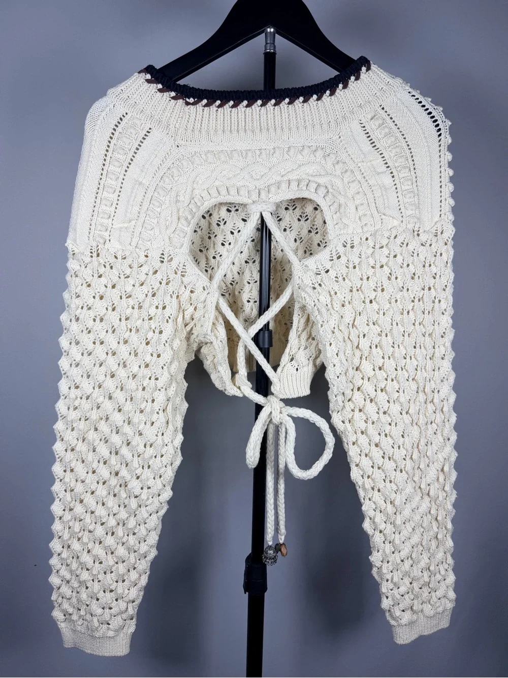Zara Cream Open-Knit Cropped Sweater with Dark Trim